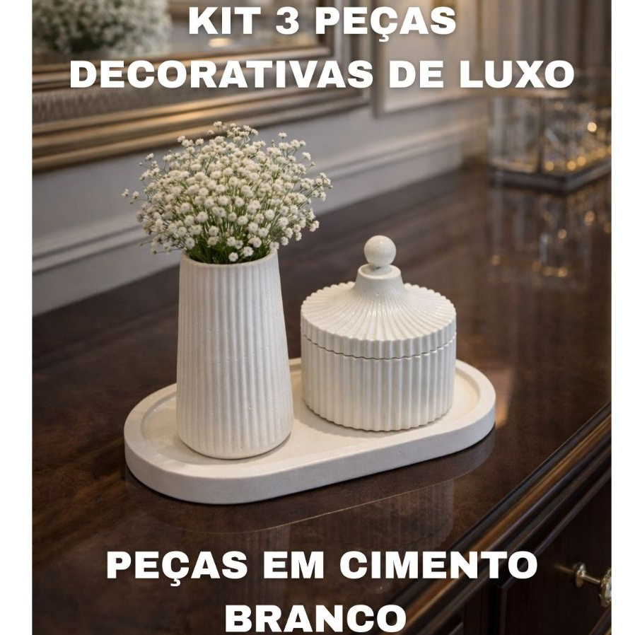 KIT DECORATIVO FEITO EM CIMENTO BRANCO BANDEJA, VASO, PORTA-JÓIAS MINIMALISTA DE LUXO em Oferta na Shopee