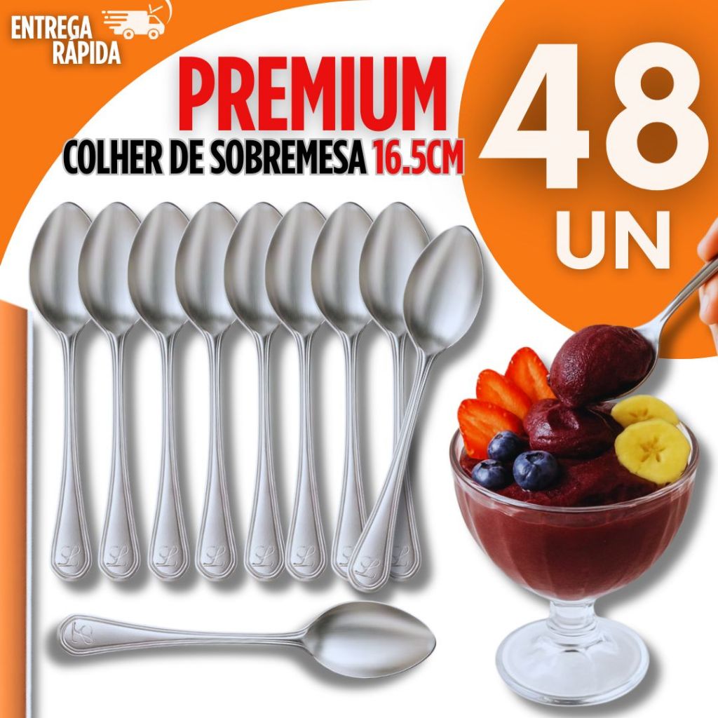 Super Kit 48 Colher Sobremesa Aço Inox para Cozinha e Restaurantes Multiuso Utilidades Eventos Bar