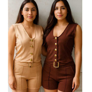 Conjunto  Femenino Blazer Colete e Shorts com Cinto tipo Alfaiataria em Oferta na Shopee