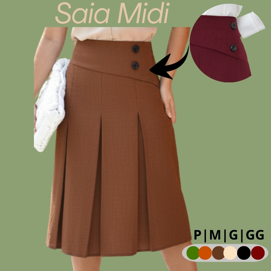 saia midi feminina plissada detalhe 2 botão tecido linhão moda evangelica elegante social em Oferta na Shopee