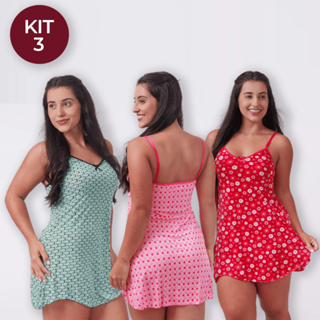 Kit 3 Camisolas Feminina de Poliéster Estampada Adulto Pijama Feminino Camisola Vestido de Dormir em Oferta na Shopee