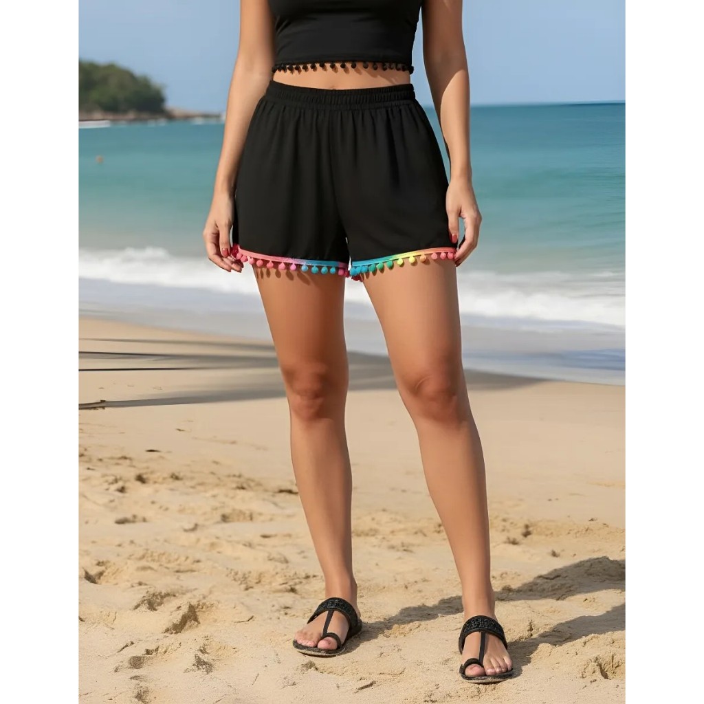 Short Slim e Plus Size pompom soltinho elástico na cintura praiana Saida de praia moda verão Viscose em Oferta na Shopee