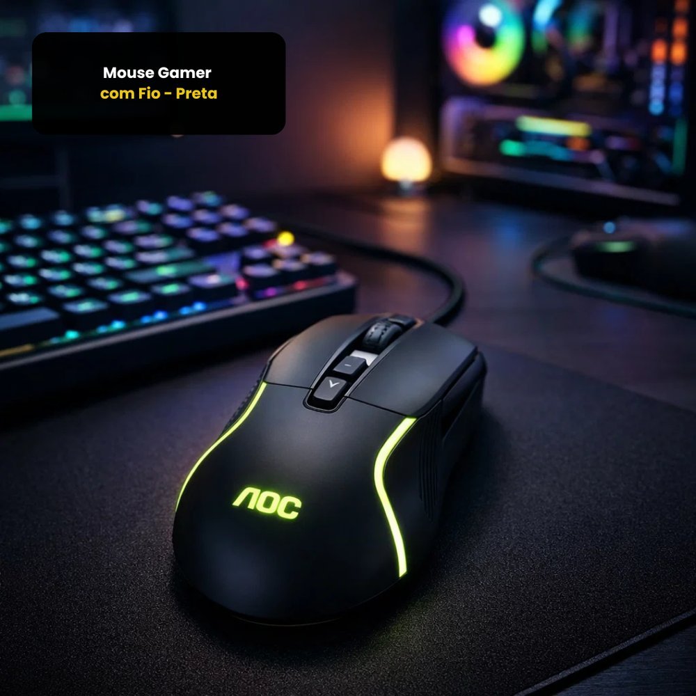 Mouse Gamer Fio Preta Marca AOC Iluminaçao 7 Botoes Gm170 Gm180
