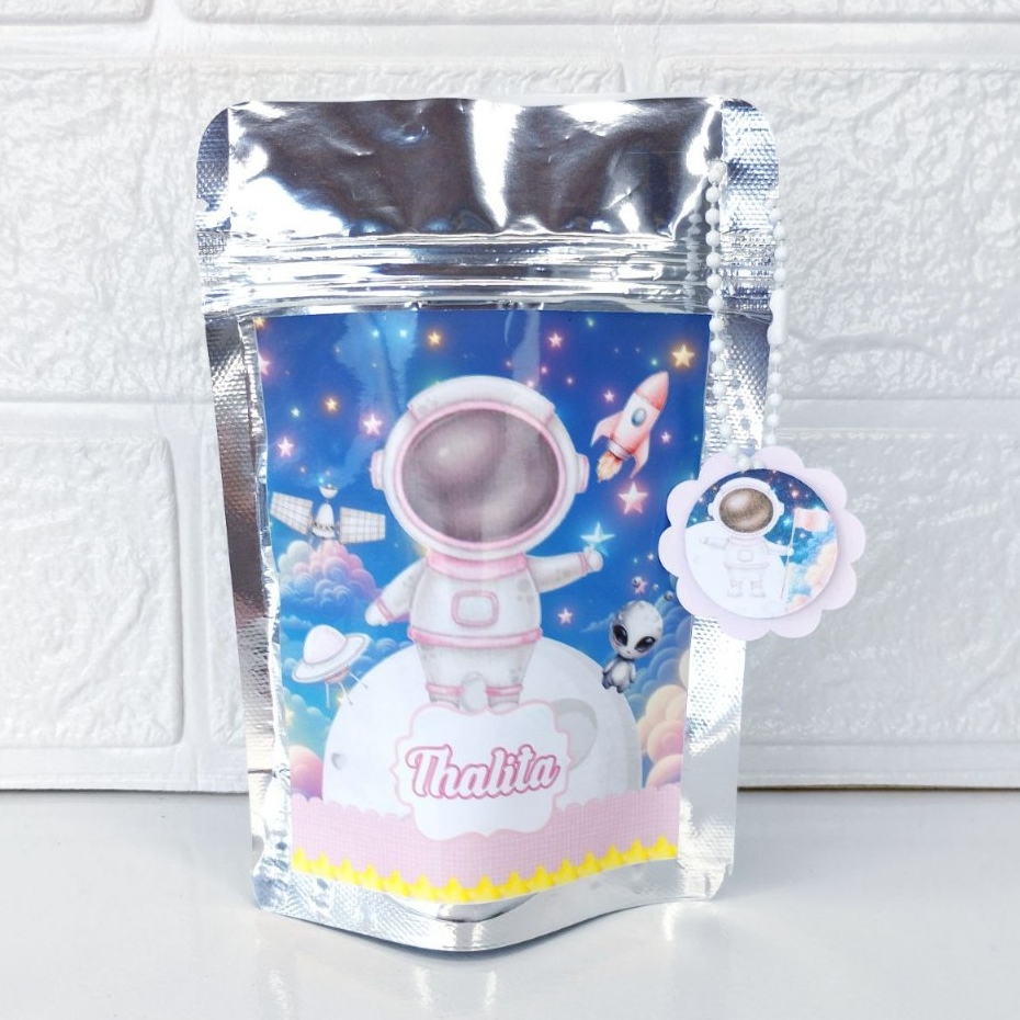 Saquinho Metalizado Ziplock ASTRONAUTA MENINA Personalizada /Lembrancinha/Festa /Aniversário