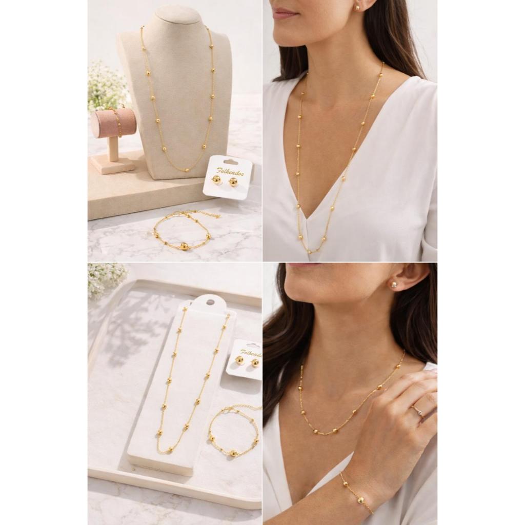 Conjunto Kit Feminino Colar longo 85 cm, Pulseira e Brinco de Esfera Bolinha Dourado Folheados a ouro 18k Elegante.