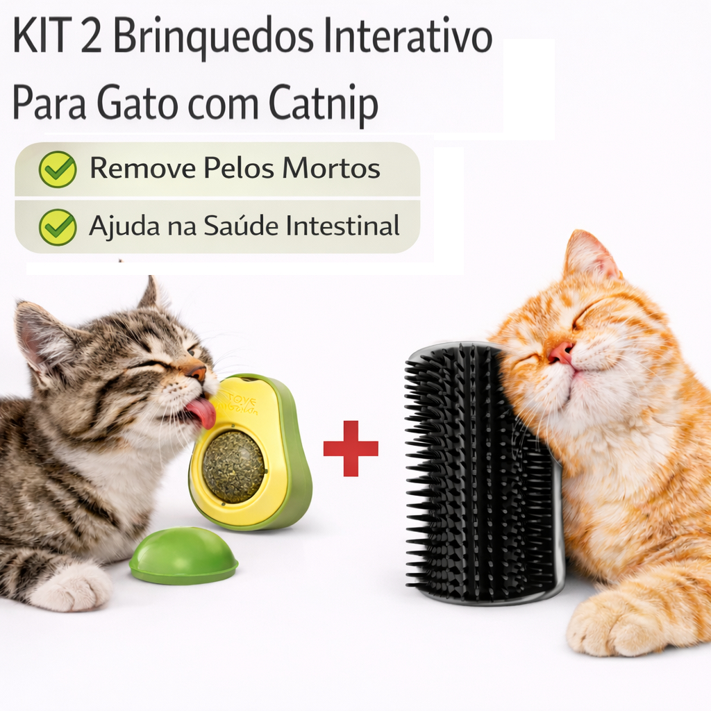 Kit Brinquedo Interativo para Gato Abacate Catnip + Escova Massageadora Remove Pelos
