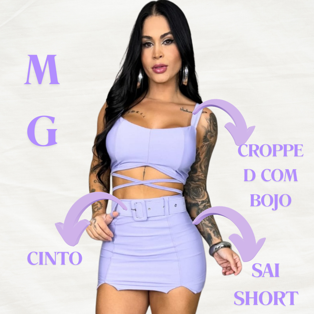 Conjunto Feminino  Short Saia e cinto + Cropped/Top/Crop com Bojo e Amarração Suplex Premium M,G