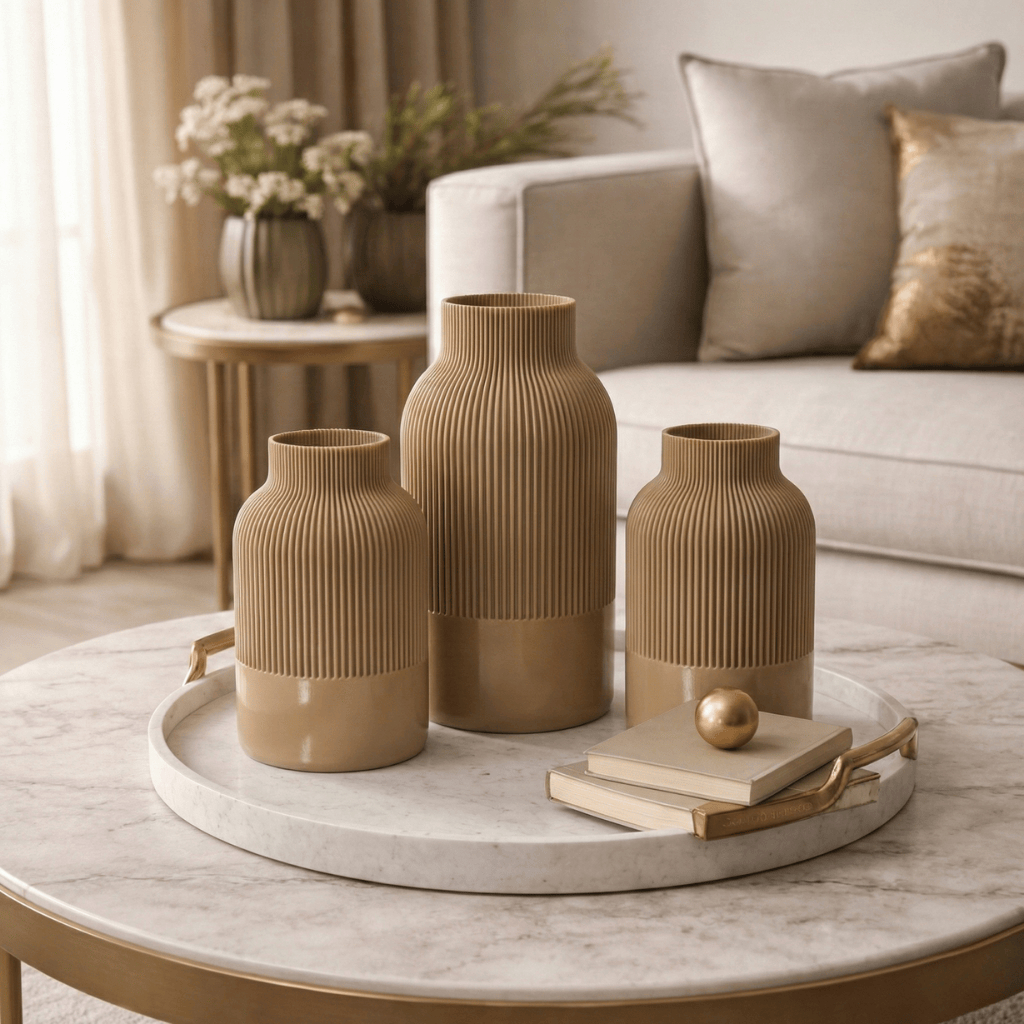 Kit 3 Vasos Decorativos Canelado Minimalista Moderno Trio de Vasos Decoração Sala Rack Mesa Quarto Prateleira