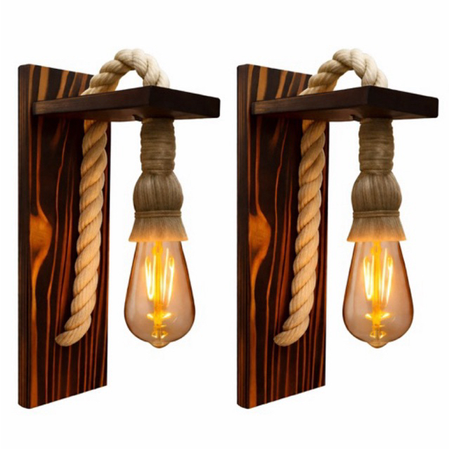 2 Arandelas de Parede Rústicas Retrô em Madeira e Corda Sisal em Oferta na Shopee