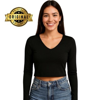 Blusa Feminina Manga Longa Decote V Ribana Canelada