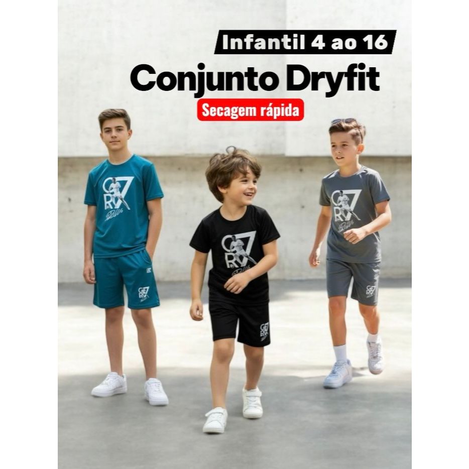 Conjunto Camiseta e bermuda Infantil juvenil Masculino Dryfit –Roupa de Menino Leve e secagem | Moda Infantil Esportiva