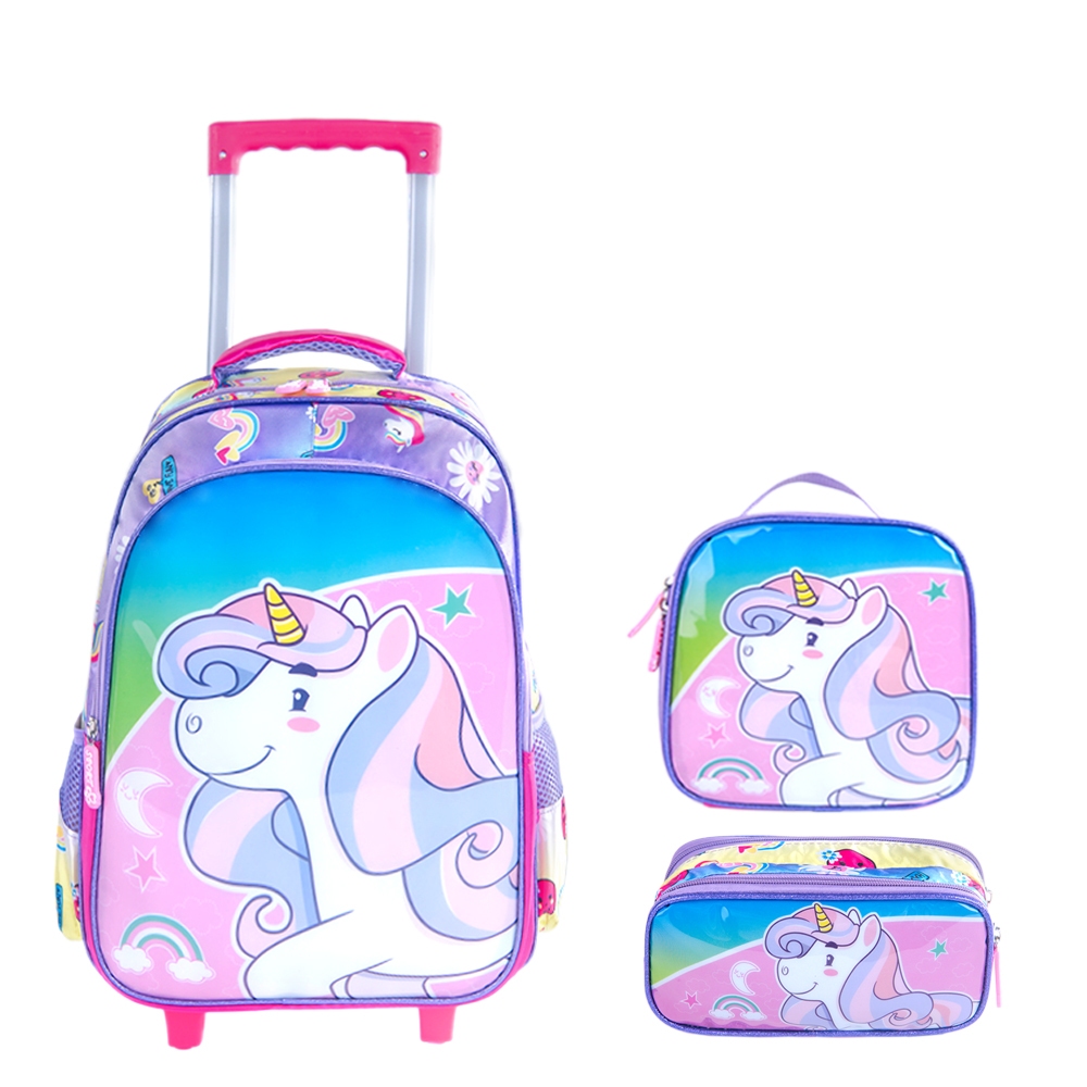 Kit Mochila Escolar Infantil de Rodinhas Menina Bolsa Resistente Impermeável Com Lancheira e Estojo BMA9312CF-KIT