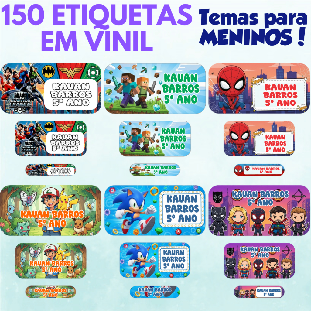 150 Etiquetas Escolares Para Meninos Personalizadas Com Nome e Turma em Vinil À Prova Dágua em Oferta na Shopee