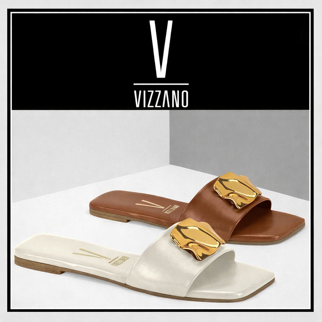 Sandália Rasteira Vizzano Casual Slide Detalhe Dourado Macia Maleável Elegante Moderna Conforto Leve