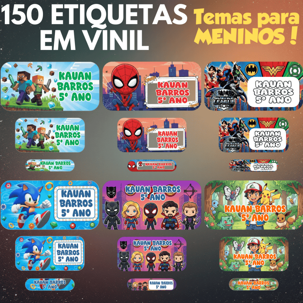 150 Etiquetas Adesivo Escolar PARA MENINOS Com 3 Medidas A Prova D'água Personalizada Com Recorte em Oferta na Shopee