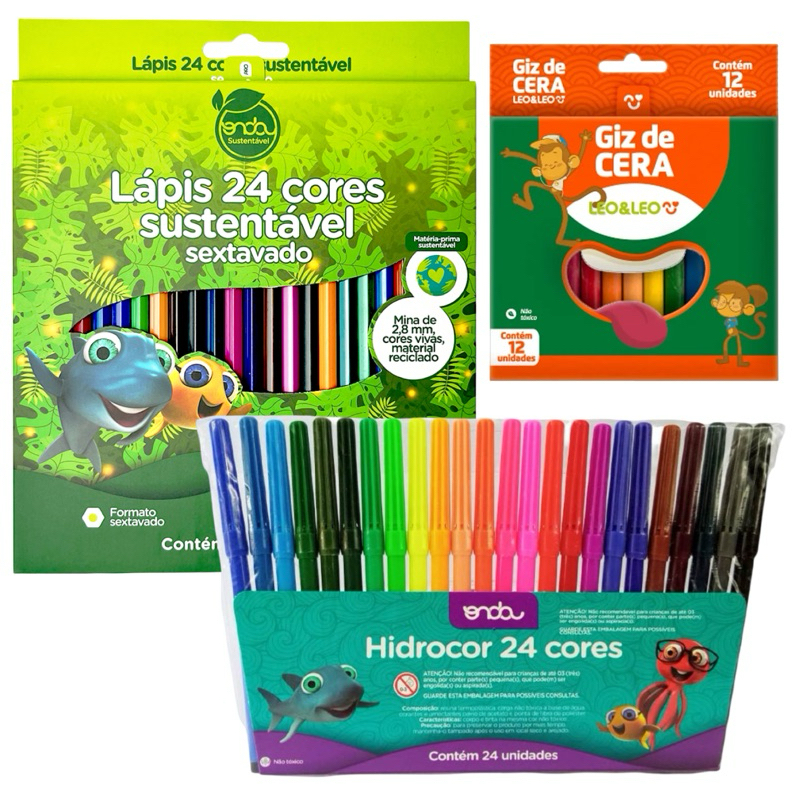 kit Lápis de Cor 24 Cores + Canetinha + Giz 12 Cores - Caneta Hidrográfica 24 cores