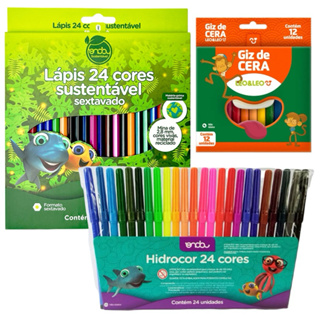 kit Lápis de Cor 24 Cores + Canetinha + Giz 12 Cores - Caneta Hidrográfica 24 cores em Oferta na Shopee