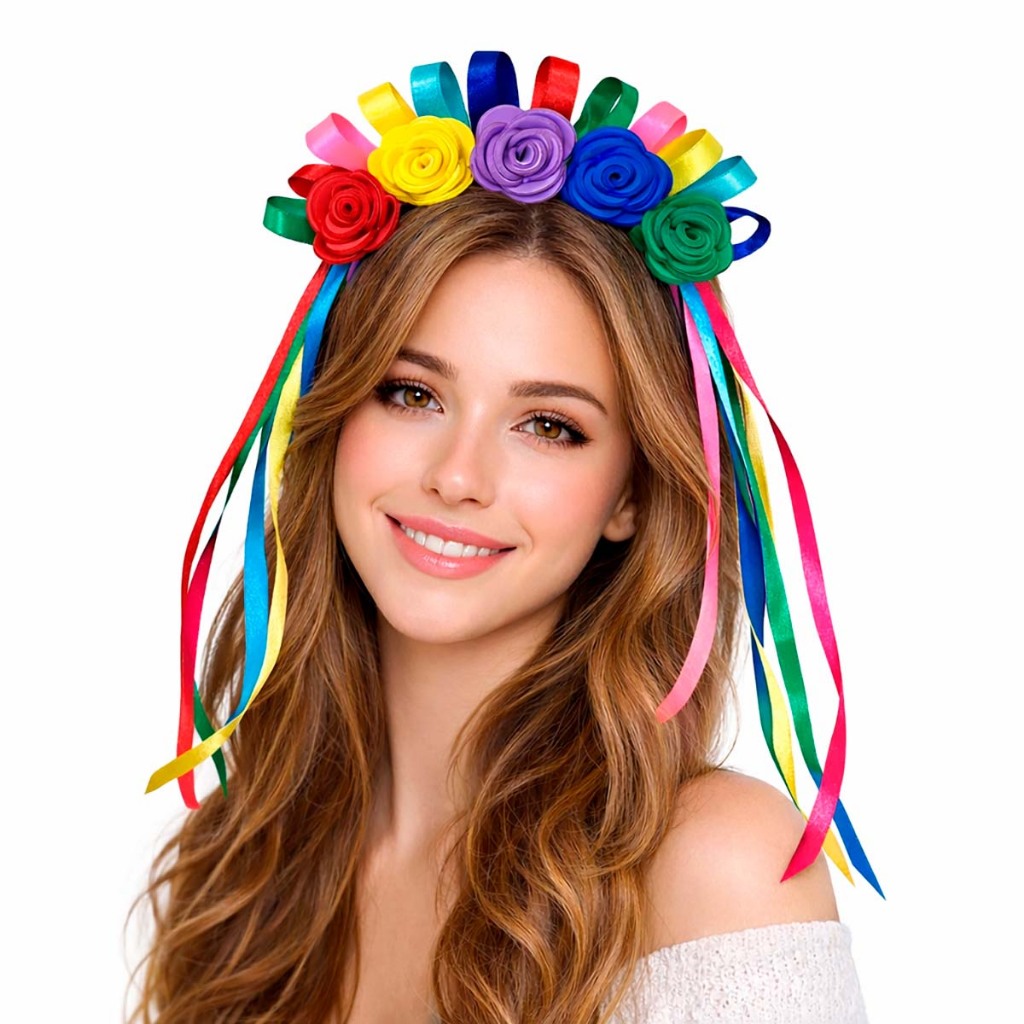 Tiara Com Fitas e Flores Coloridas Carnaval Festa Junina ou Arraiá