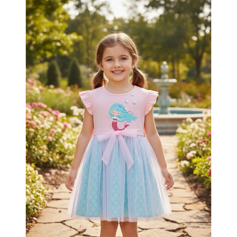 Vestido de Sereia Infantil com Laço de Tule Saia Rodada Infantil Manga Curta Moda Infantil
