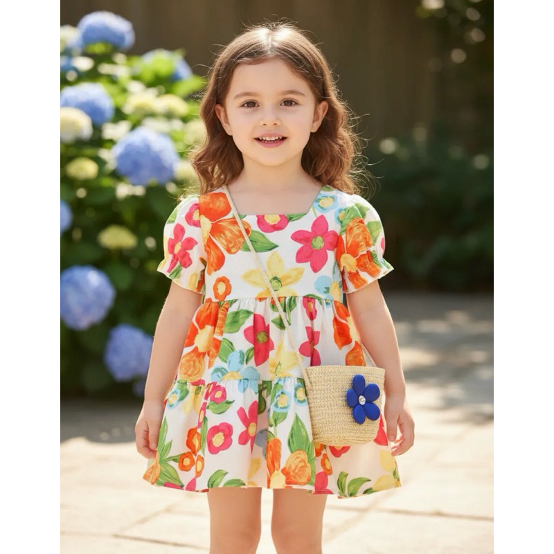 Vestido bebê menina flores estilo Festa junina jardim na festa e féria com bolsinha grátis