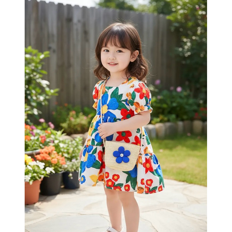 Vestido bebê menina flores jadim na férias estilo Festa junina com bolsinha grátis