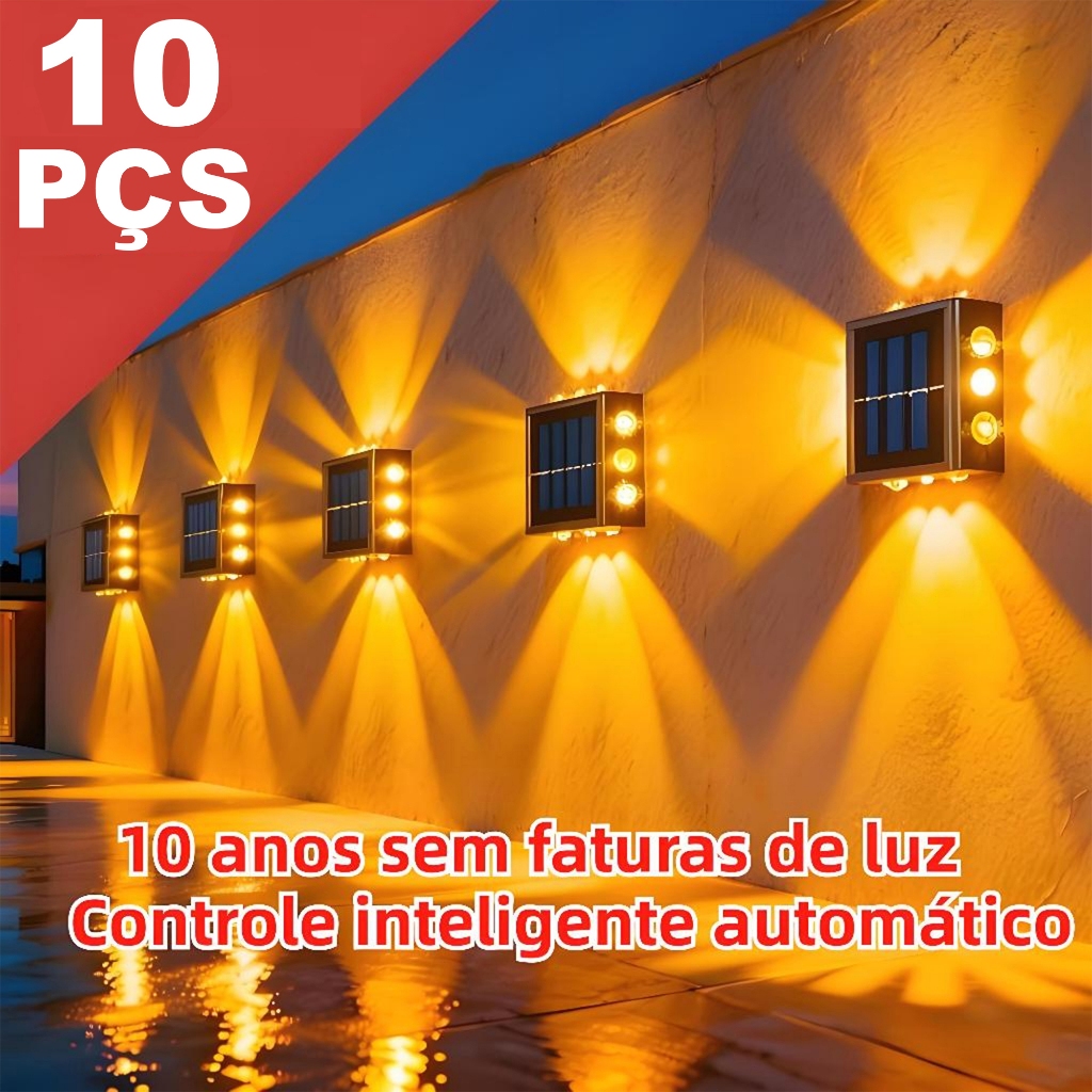 Até 10 Arandelas de Parede Solar Externa LED, Auto Ligar/Desligar, À Prova d'Água para Pátio Jardim em Oferta na Shopee