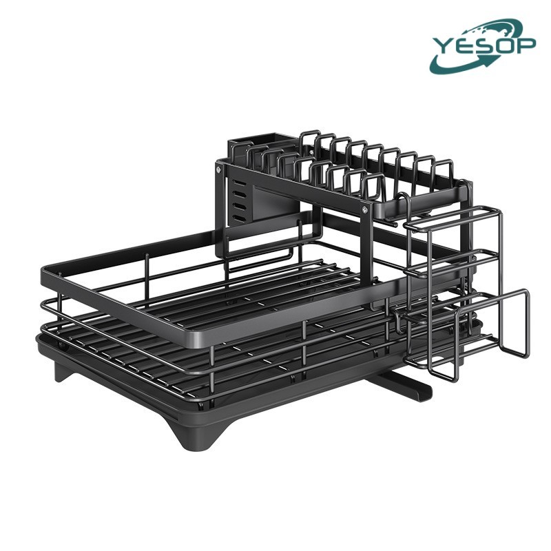 YESOP Escorredor de Louça Organizador de Pia Rack de Cozinha Duplo Aço Carbono Com Porta Talheres
