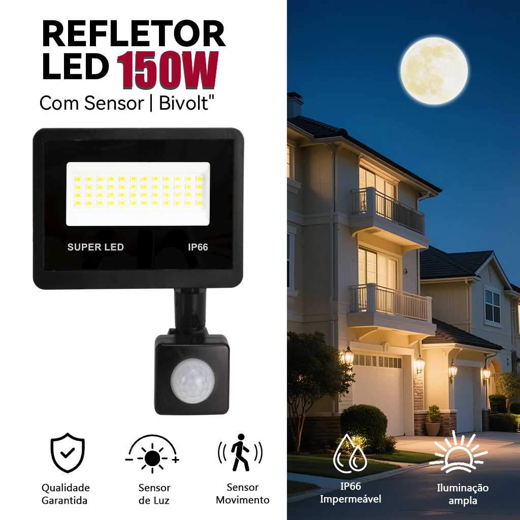 Refletor LED 100W com Sensor de Presença | Holofote LED Externo Branco Frio Bivolt IP66 à Prova d’Água