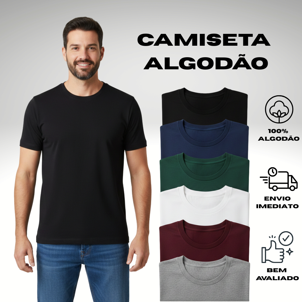 Camiseta Masculina Lisa 100% Algodão Penteado Manga Curta Básica em Oferta na Shopee
