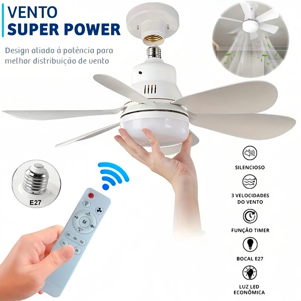 Ventilador Luminária Led 6 Pás Lâmpada Soquete Bocal E27 Teto 3 Cores Luz Branco Bivolt