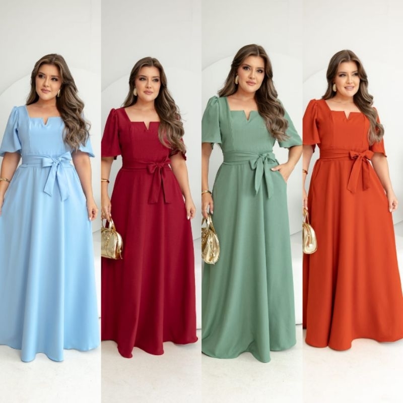 Vestido Feminino Luxo, Midi Manga Curta com Cinto Amarração Elegante Casual em Oferta na Shopee