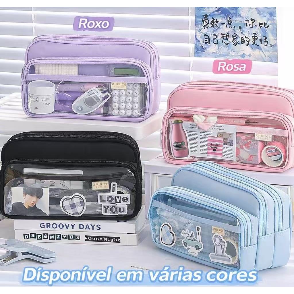 Estojo Chique De Cor Sólida,Simplicidade Coreana , Bolsa Transparente Para Caneta,Grande Capacidade em Oferta na Shopee