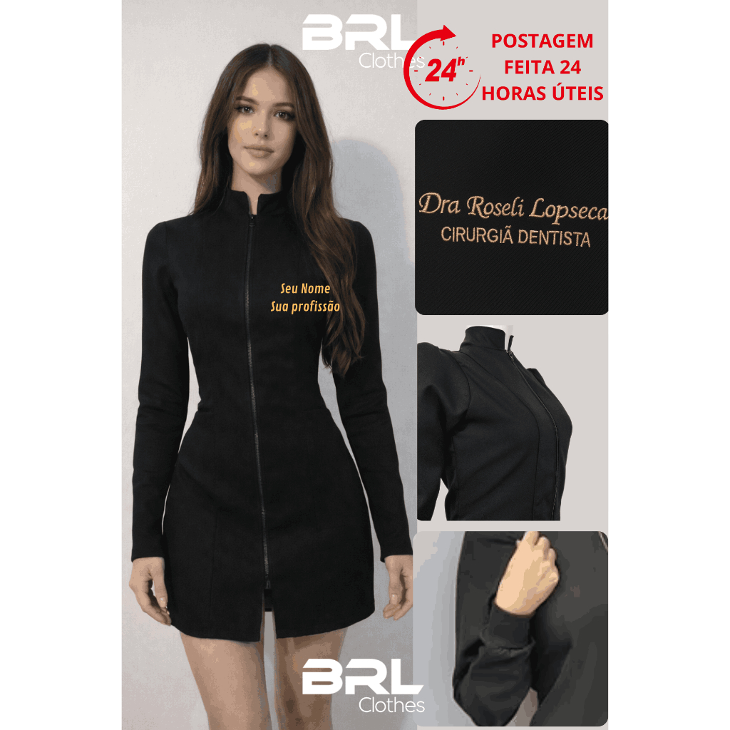Jaleco Feminino Preto Gabardine Com Elastano Acinturado Gola Padre Com Zíper e Punho – BORDADO Nome e Profissão Inclusos