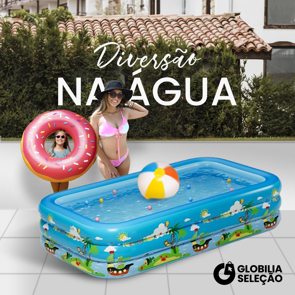 💗【Novidades】Piscina Inflável Retangular Infantil 3 Anéis 300 Litros | 150cm x 100cm x 56cm em Oferta na Shopee