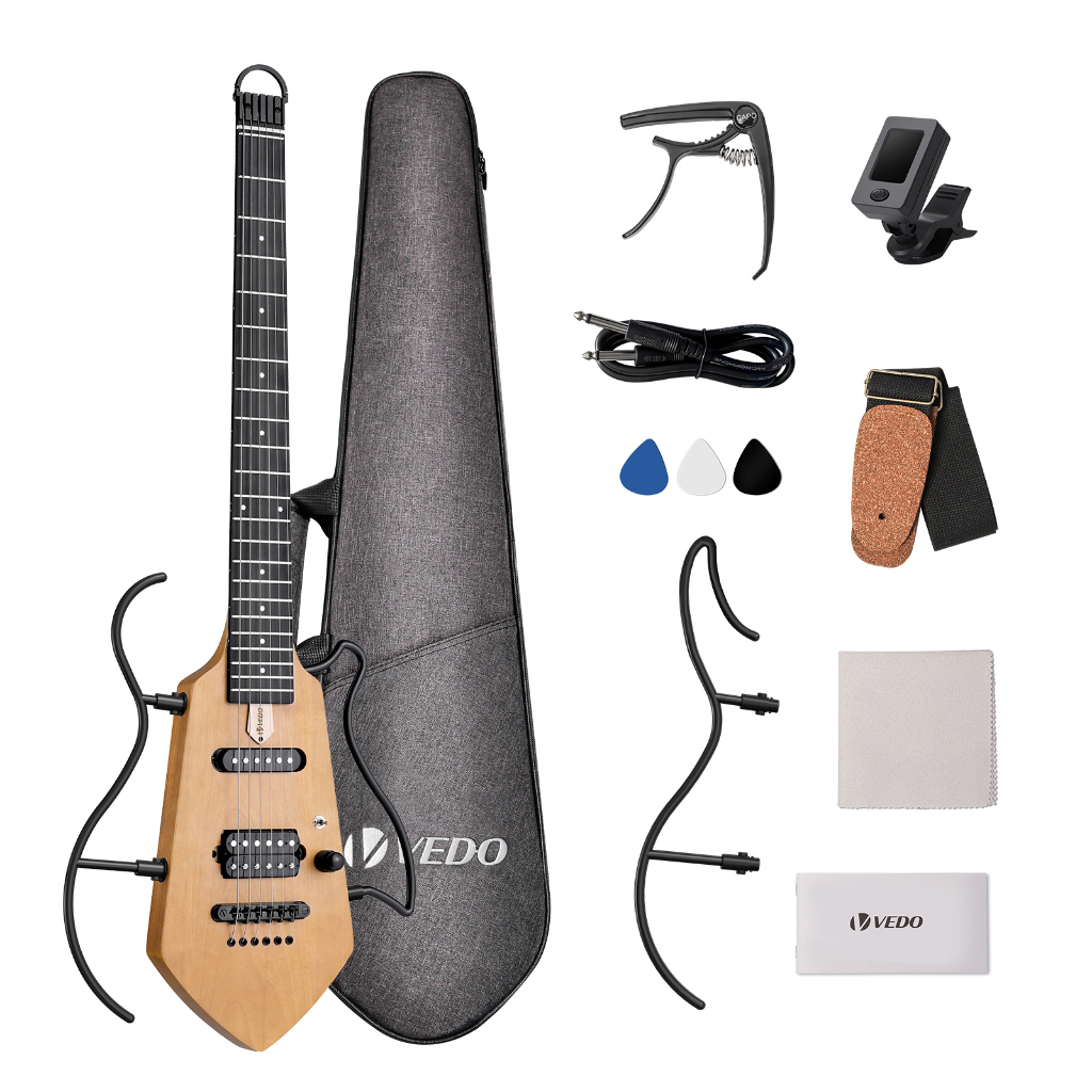 Guitarra pequena e leve, sem cabeça, adequada para viagens e prática, suporte portátil, sólido e fácil de montar, com