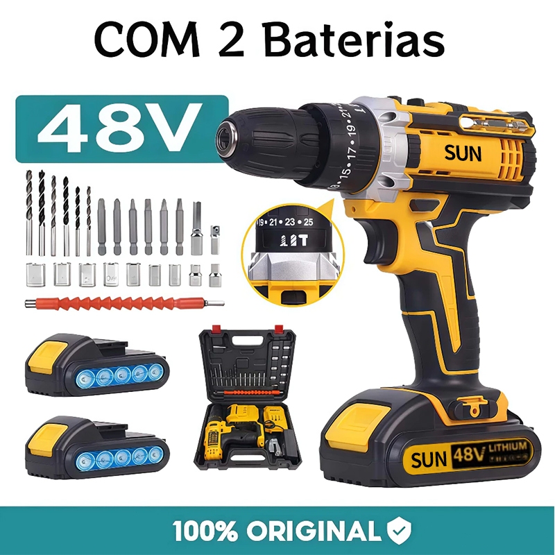 Parafusadeira Furadeira De Impacto Sem Fio 48V 1/2 Baterias Com Maleta e Acessórios Completo