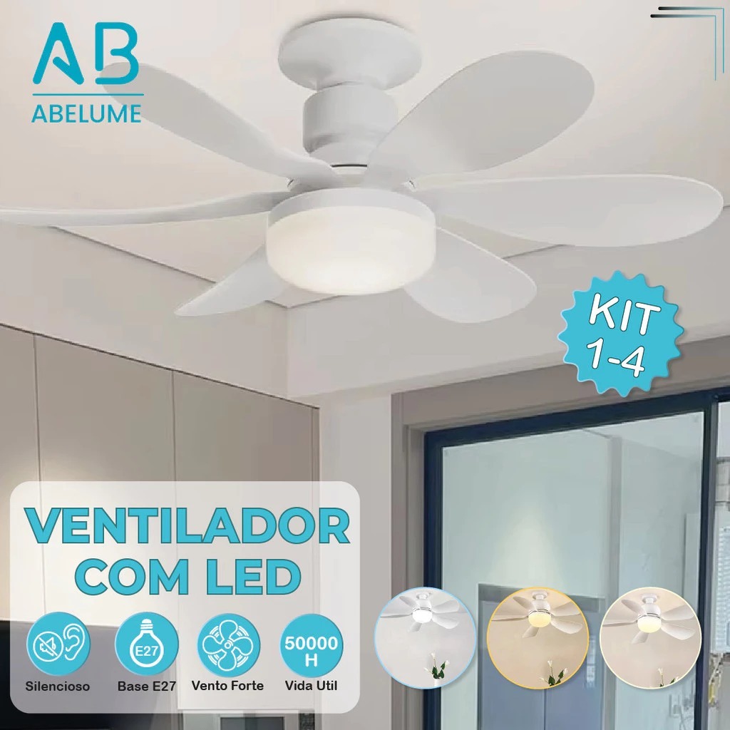 Ventilador Teto 60W LED Lâmpada E27 Controle Remoto Luminária Economica de Energia 6 lâminas Bivolt