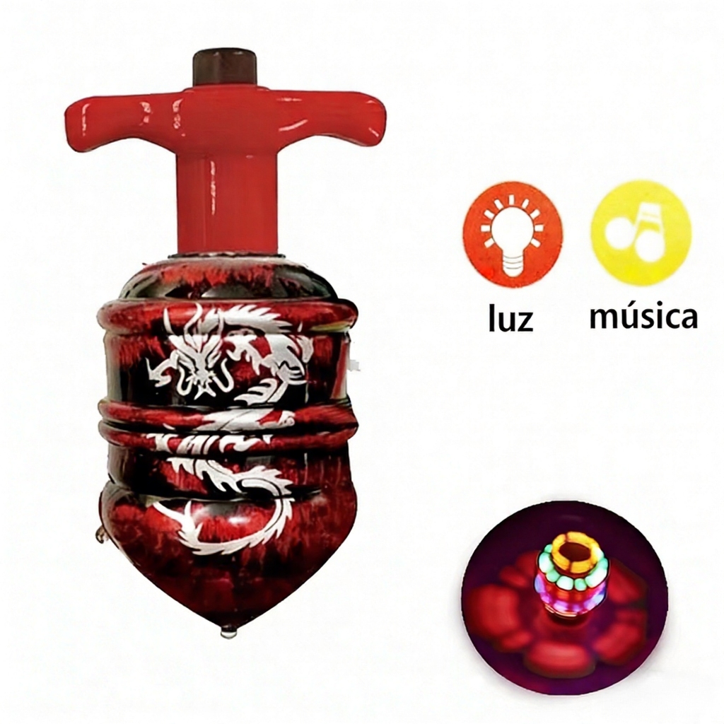 Pião Musical Luminoso Com Lançador Automatico Piao Com Luz e Som Laser Brinquedo Infantil para Meninos e Meninas