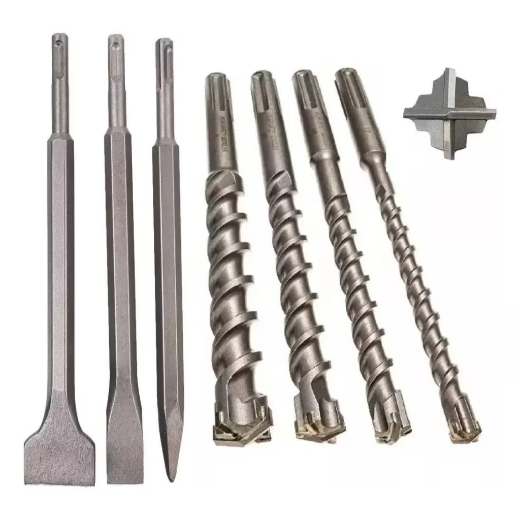 Kit 7 Para Martelete Ponteiro Talhadeira E Brocas 6mm 8mm 10mm 12mm Rompedor