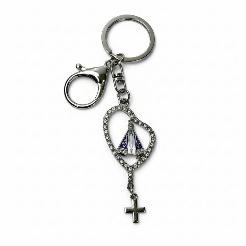 Chaveiro Religioso Nossa Senhora Aparecida prateado com Strass e Cruz – Elegante e Devocional