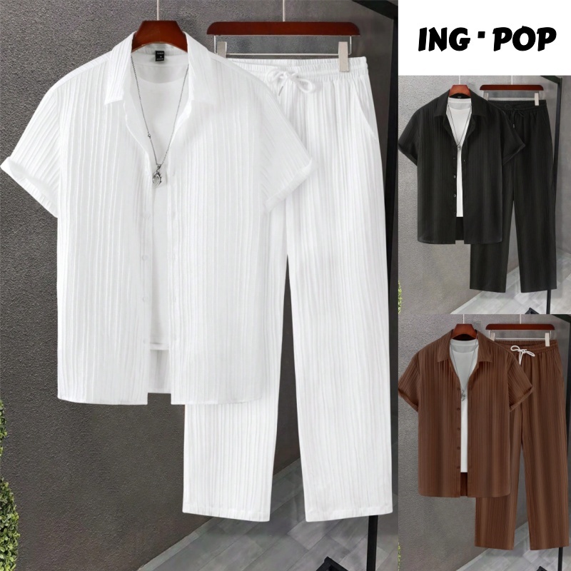 Conjunto Camisa Social Masculina Sólida com Botões e Calça com Cordão na Cintura Sem Camiseta em Oferta na Shopee