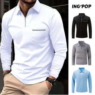 Camisa Polo Masculina de Manga Longa em Cor Sólida Camisa de Tênis com Gola Bolso Meio Zíper