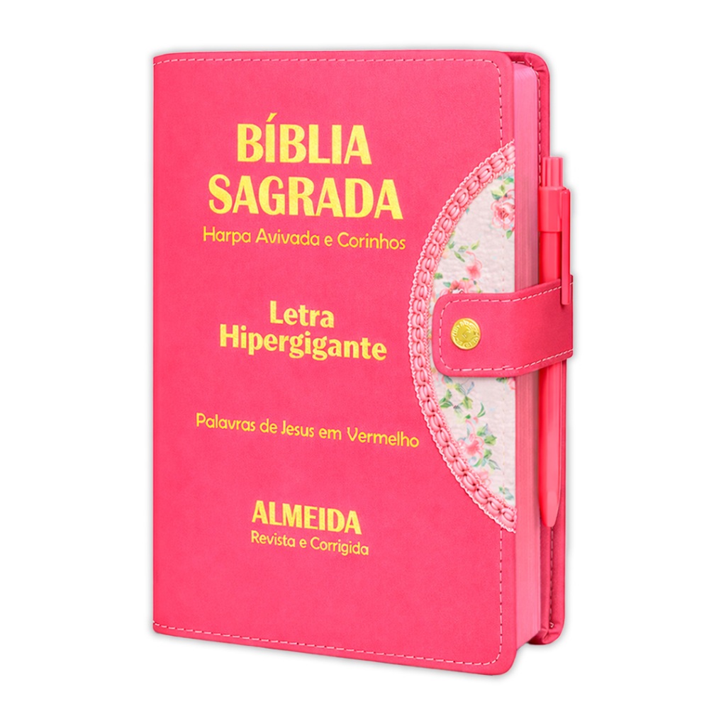 Bíblia Sagrada Letra Hipergigante - Pink - Botão e Caneta Revista e Corrigida