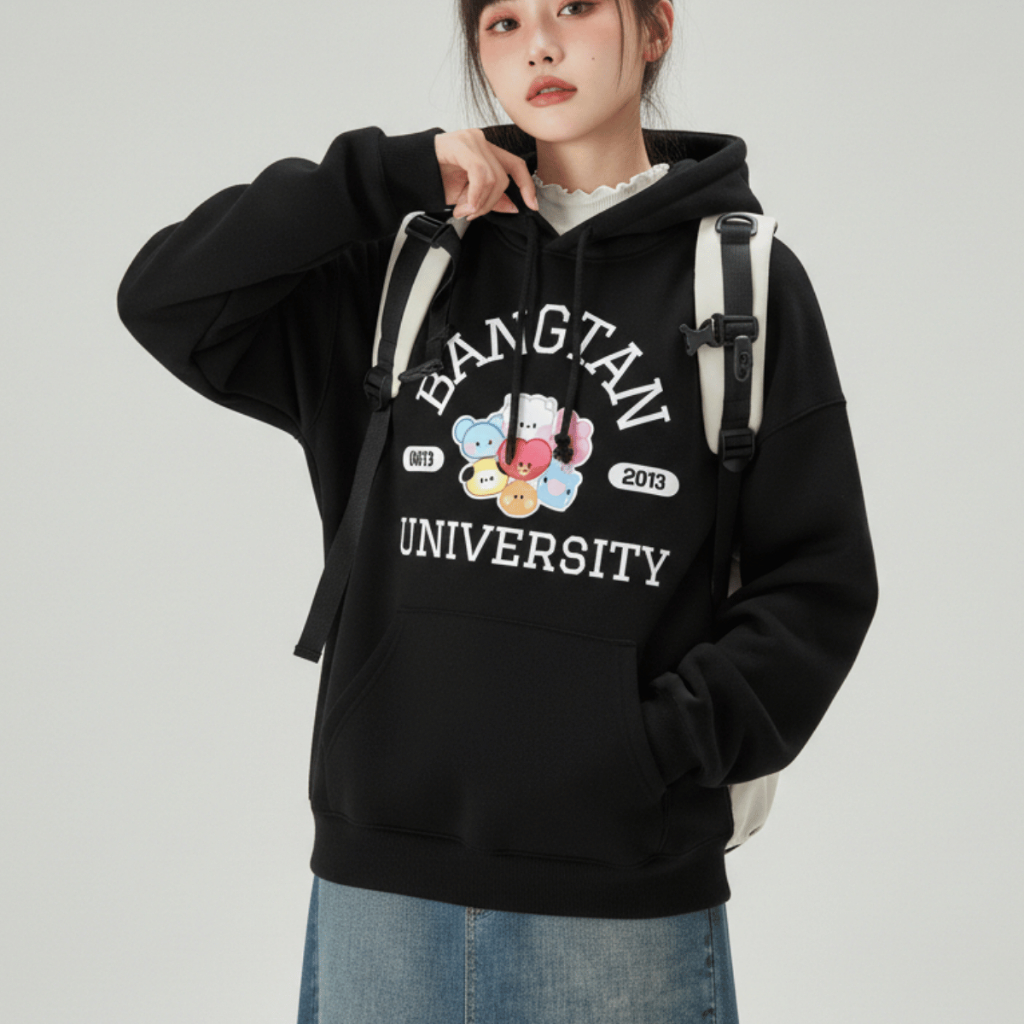 Moletom Bts Army K-pop Bangtan University Bt21 Aesthetic Com Capuz e Peluciado Algodão