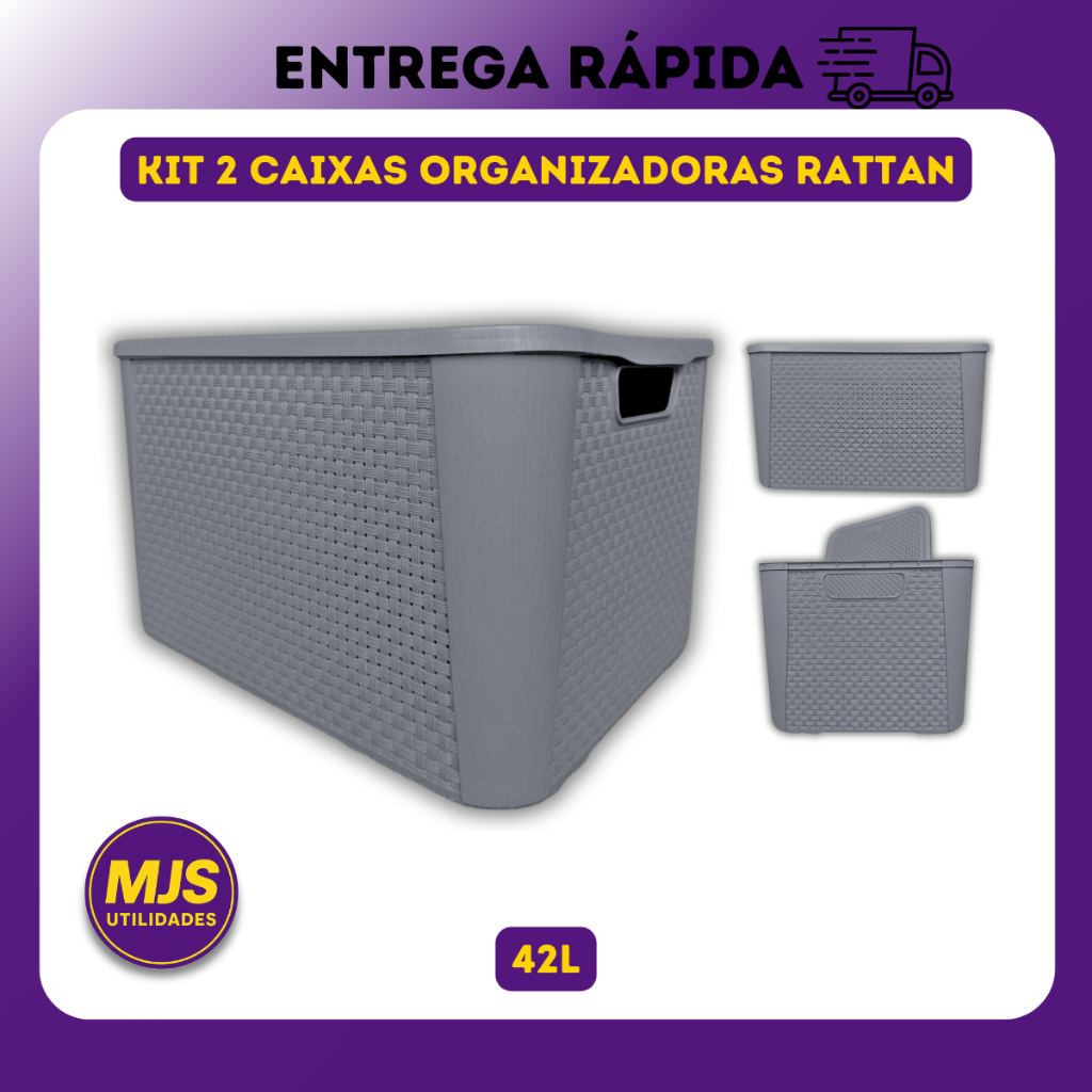 2 X Caixa Decorativa Organizadora Rattan 42 Litros Cesto Organizador Multiuso Empilhavel Grande 42L