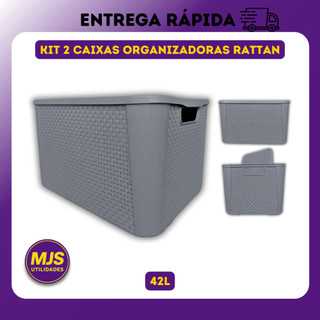2 X Caixa Decorativa Organizadora Rattan 42 Litros Cesto Organizador Multiuso Empilhavel Grande 42L