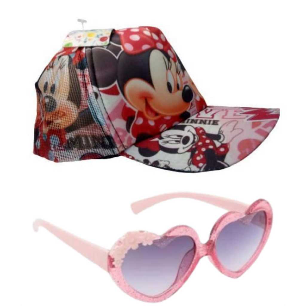Kit Boné Minnie Mouse Aba Curvada + Oculos De Sol Rosa Rosa Un Boné Com Oculos Gatinho