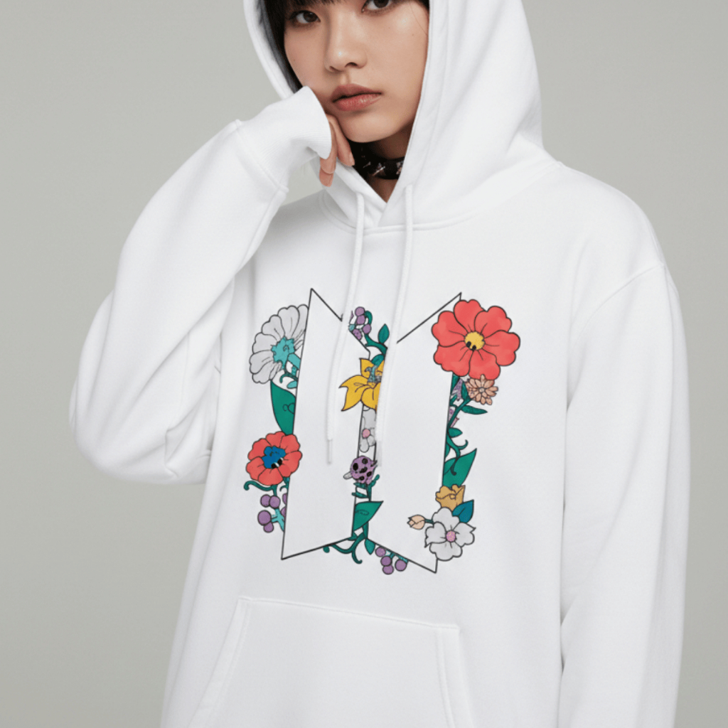Moletom Bts Army K-pop Bangtan Floral Streetwear Aesthetic Com Capuz e Peluciado Algodão