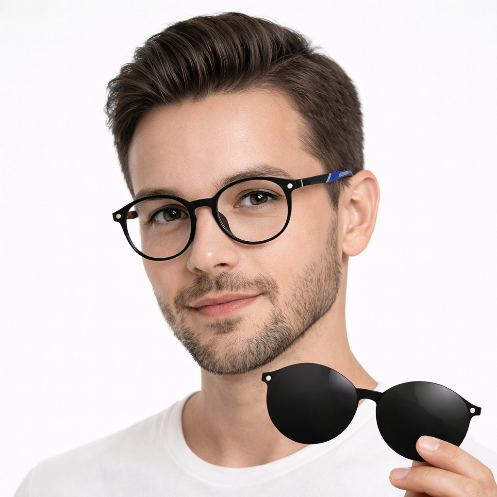 Óculos Masculino 2 em 1 com Lente Magnética Clip-On | Armação Redonda
