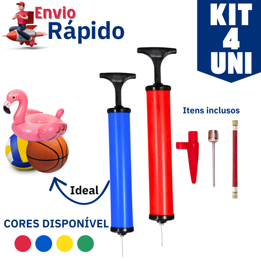 Kit 4 Bomba de Ar Manual 10” Encher Bolas Boias Infláveis Balões Bico Agulha e Plástico com Mangueira Flexível